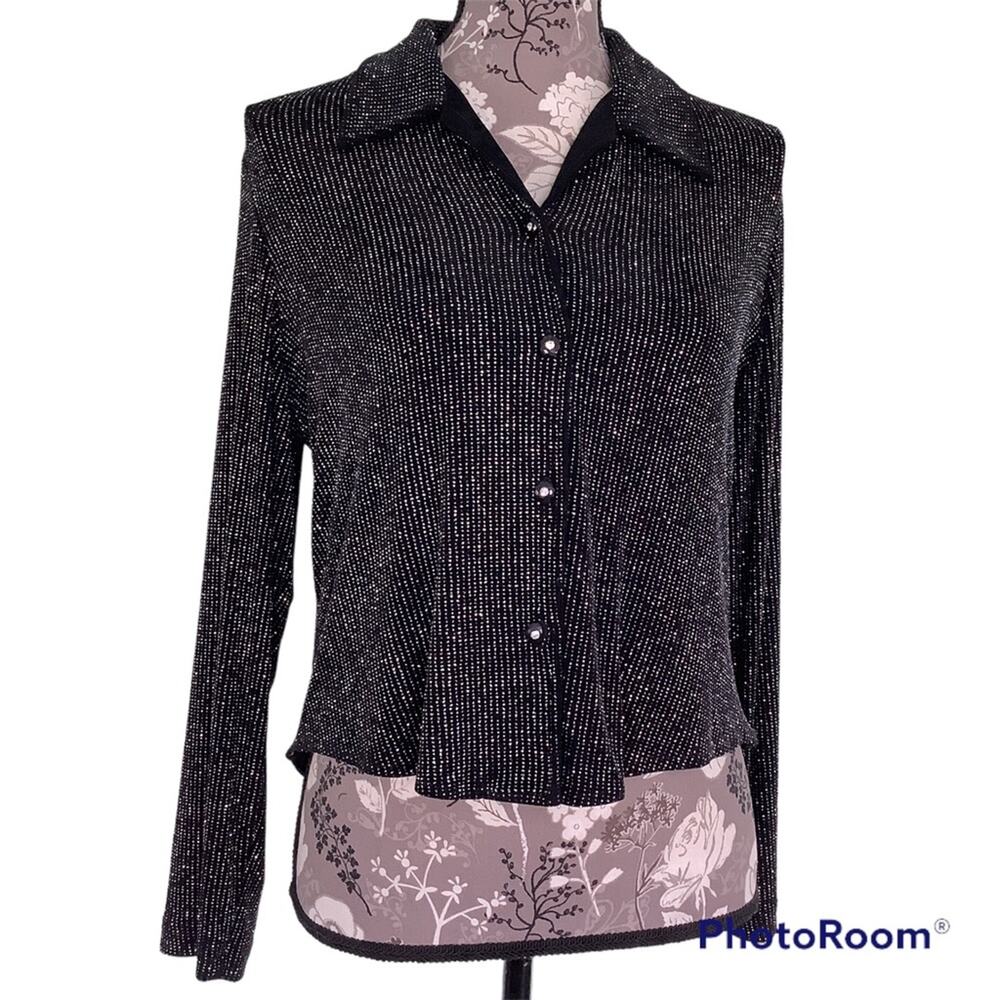 Vintage 90’s Sparkle Black Glitter Disco Button Up Keyhole Bling Long Sleeve Top